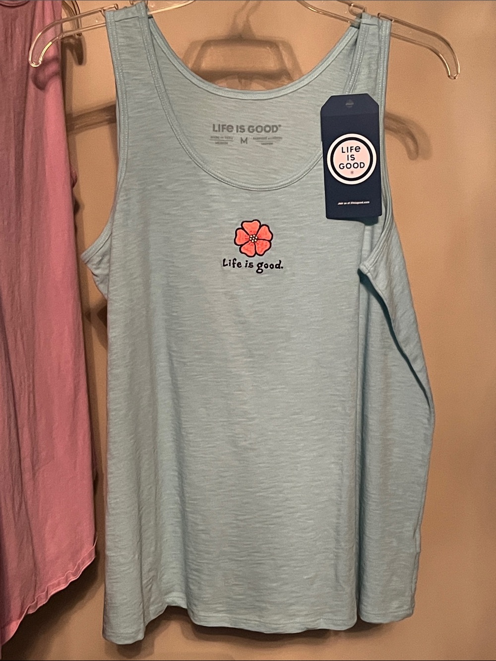 Life Is Good Light Blue Tank with Pink Flower Graphic